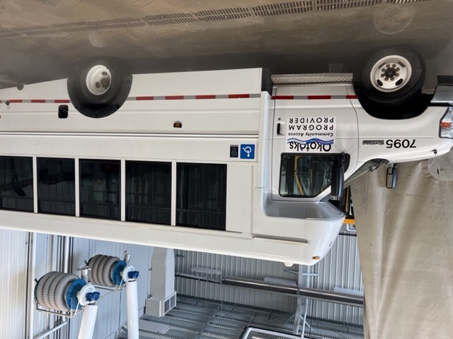 White temporary transit bus