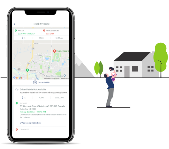 Phone with Okotoks Transit app open, illustration of people in a town behind